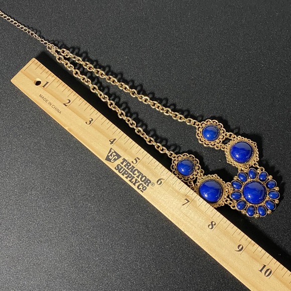 VTG Gold Tone Blue Cabochon Flower Statement Bib Necklace Chunky Flower - Picture 3 of 10